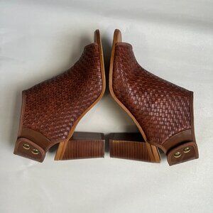 Zigi Soho Cognac Open Toe Booties block heel woven texture